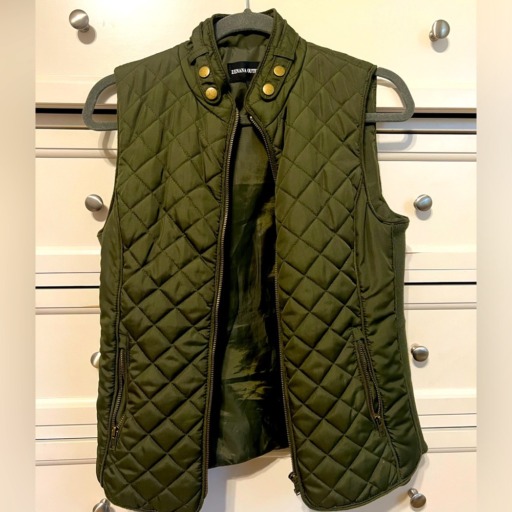 Army green vest with gold hardware